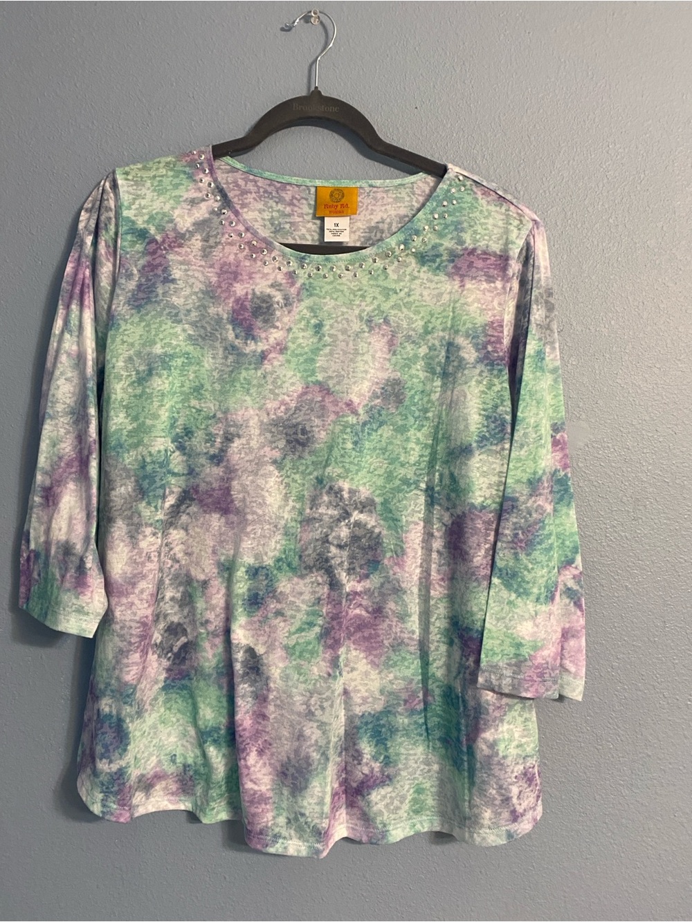 Ruby Rd. Pastel Tie-Dye Jewel-Neck 3/4 Sleeve Top - Purple, Green, White